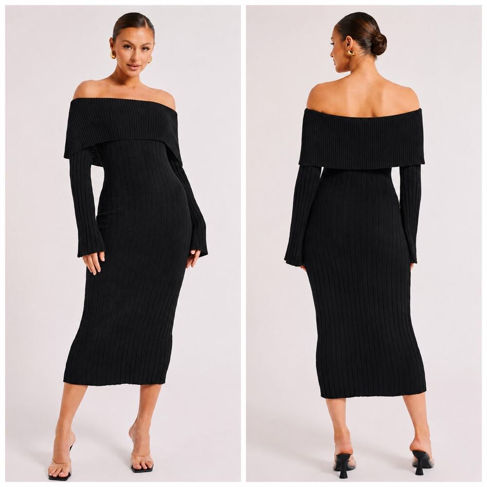 Meshki Stefania Off Shoulder Knit Midi Long Sleeve Dress Black size M New